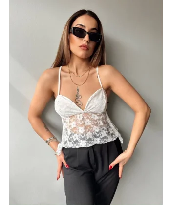 Kadın Dantelli İnce Askılı Sırt Bağlamalı Transparan Bluz