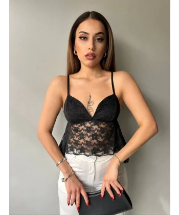 Kadın Dantelli İnce Askılı Sırt Bağlamalı Transparan Bluz