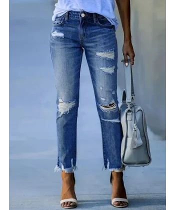 Kadın Dar Kesim Cepli önden Yırtık Desenli Denim Pantolon