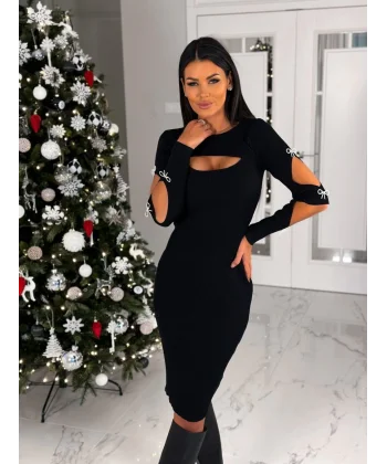 Kadın Dekolte Detaylı cuba Dalgıç Kumaş Taş Aksesuarli Elbise