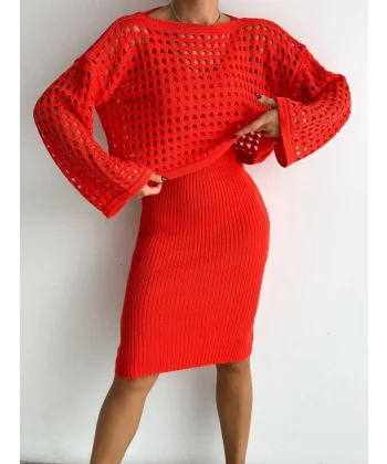 Kadın Delikli Kazak Askılı Elbise Triko Kumaş Ikili Takım