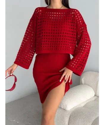 Kadın Delikli Kazak Askılı Elbise Triko Kumaş Ikili Takım