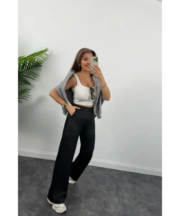 Kadın Deri Kumaş Yüksek Bel Içi şardonlu ikralı Palazzo Deri Pantolon