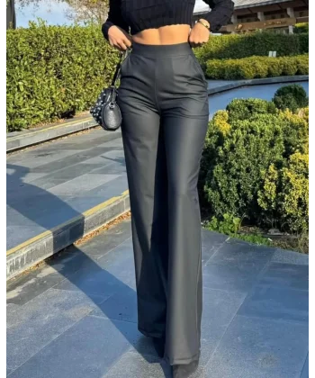 Kadın Deri Kumaş Yüksek Bel Içi şardonlu Likralı Palazzo Deri Pantolon