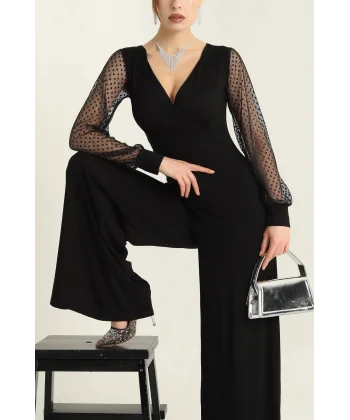 Kadın Derin V Yaka Kolları Puantiyeli Tül Detay Ispanyol Paça Tulum