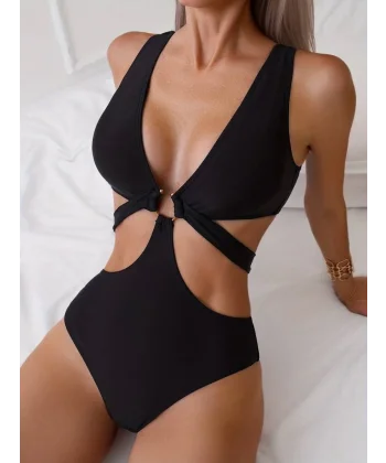 Kadın Derin V Yakalı çapraz Kesim çentikli Toka Detay Tek Parça Dalgıç Mayo