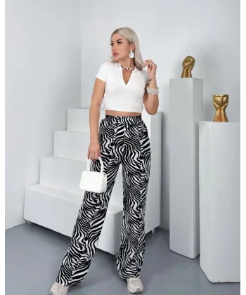 Kadın Desenli Dokuma Viskon Kumaş Cepli Bol Paça Pantolon