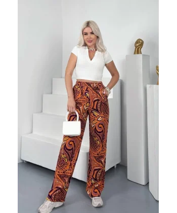 Kadın Desenli Dokuma Viskon Kumaş Cepli Bol Paça Pantolon