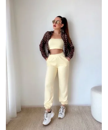 Kadın Desenli Hırka , Crop Ve Eşofman Altı üçlü Takım