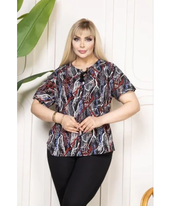 Kadın Desenli Püsküllü Viskon Bluz Bebe Yaka Kısa Kollu Big Size Rahat Kesim - Desenli