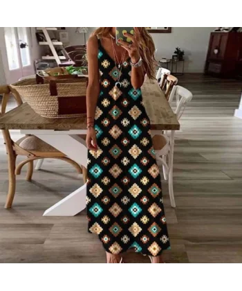 Kadın Dijital Baskılı Suprem Kumaş Askılı Maxi Boy Elbise