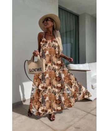 Kadın Dijital Baskılı Suprem Kumaş Askılı Maxi Boy Elbise