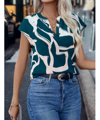 Kadın Dijital Baskılı V Yaka Yarasa Kol Moss Krep Kumaş Bluz