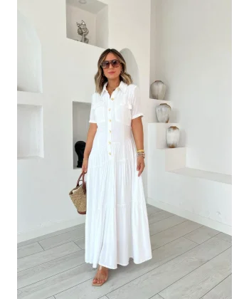 Kadın Dokuma Kumaş Cep Detaylı Maxi Boy Gömlek Elbise