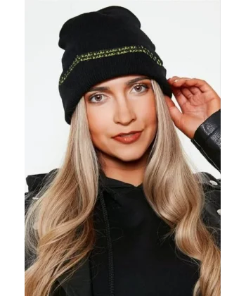 Kadın Dokuma Simli Triko Bere - Siyah