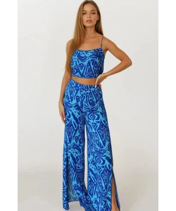 Kadın Dokuma Viskon Yırtmaç Detaylı Takım