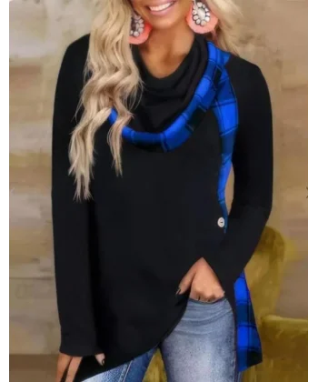 Kadın Dökümlü Yaka Ekose Detay Asimetrik Kesim Tunik