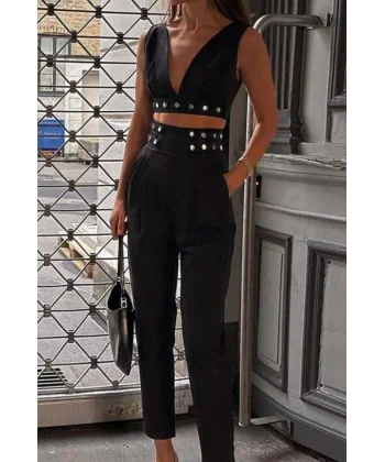 Kadın Double Krep Kumaş Düğme Aksesuar Detaylı Takım