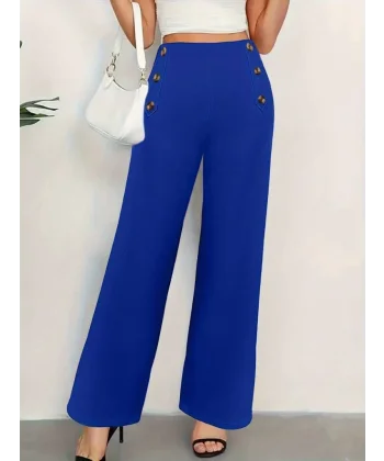 Kadın Düğme Detay Bol Paça Ithal Krep Pantolon