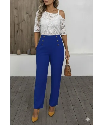 Kadın Düğme Detay Bol Paça Ithal Krep Pantolon