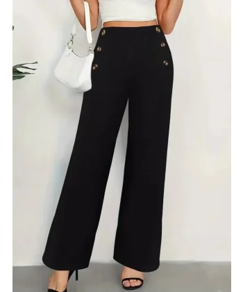 Kadın Düğme Detay Bol Paça Ithal Krep Pantolon