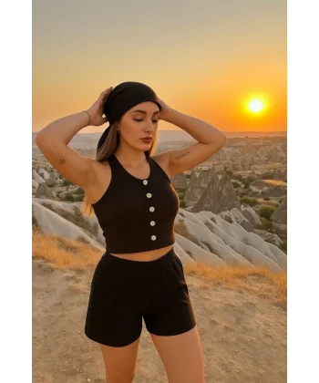 Kadın Düğme Detay Kaşkorse Kumaş Atlet