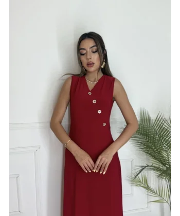 Kadın Düğme Detay Kolsuz Maxi Boy Elbise