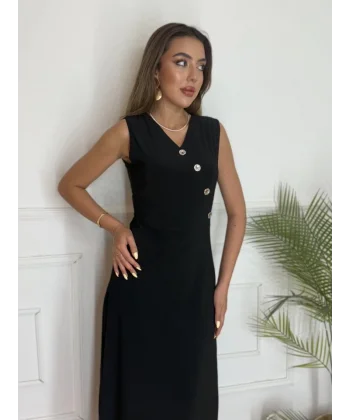 Kadın Düğme Detay Kolsuz Maxi Boy Elbise