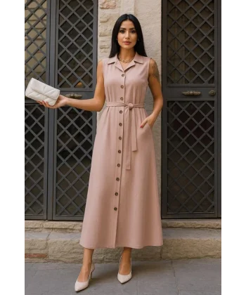 Kadın Düğme Detay Kuşak Dahil Elbise