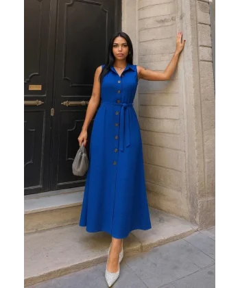 Kadın Düğme Detay Kuşak Dahil Elbise