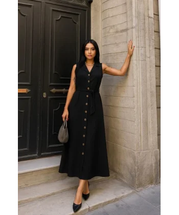 Kadın Düğme Detay Kuşak Dahil Elbise