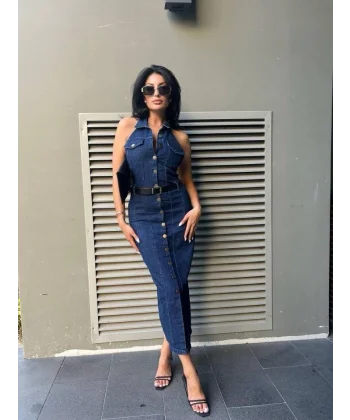 Kadın Düğme Detaylı Belden Kemerli Sırt Dekolte Kot Elbise