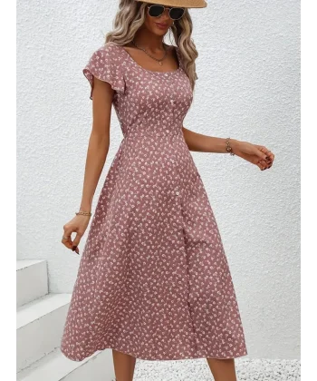 Kadın Düğme Detaylı çiçek Desen Midi Boy Süprem Kloş Elbise