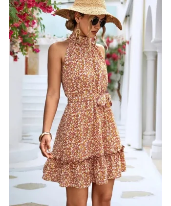 Kadın Eteği Volanlı Halter Yaka Süprem Elbise