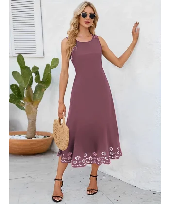 Kadın Etek Ucu Lazer Kesim çiçek Desenli Midi Boy Ithal Krep Elbise