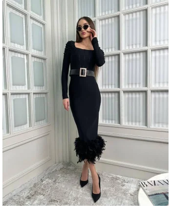 Kadın Etek Ucu Otriş Yakası Inci Detayli Midi Boy Elbise