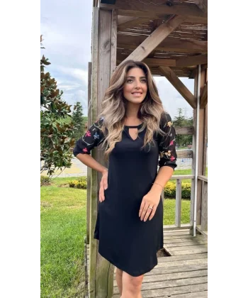 Kadın Fakir Kol Bisiklet Yaka çiçek Desen Sandy Salaş Kısa Elbise