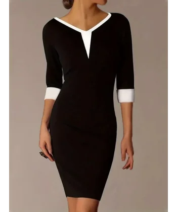 Kadın Fakir Kol V Yakalı Blok Renkli Kısa Janjan Krep Elbise