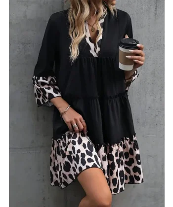 Kadın Fakir Kol V Yakalı Leopar Desen Detaylı Trikoton Elbise