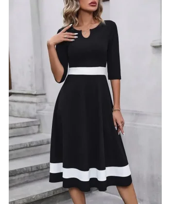 Kadın Fakir Kol Yakası Açık Blok Renkli Krep Midi Elbise