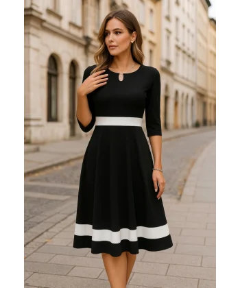 Kadın Fakir Kol Yakası Açık Blok Renkli Krep Midi Elbise