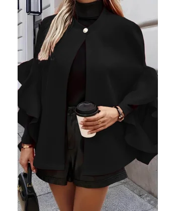 Kadın Fakir Kollu Fırfırlı Tek Düğme Yakalı önü Açık Kaşe Panço