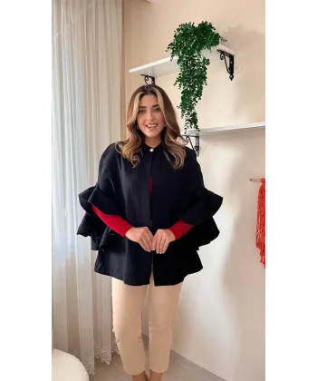 Kadın Fakir Kollu Fırfırlı Tek Düğme Yakalı önü Açık Kaşe Panço