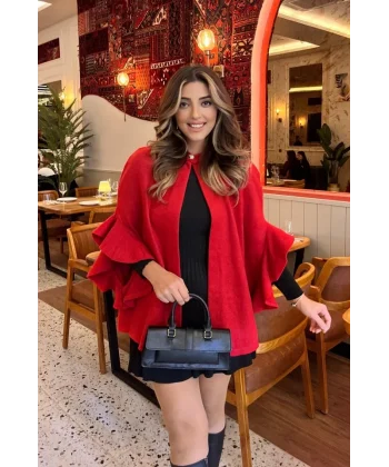 Kadın Fakir Kollu Fırfırlı Tek Düğme Yakalı önü Açık Kaşe Panço