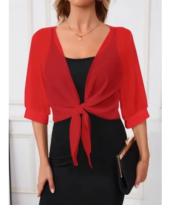 Kadın Fakir Kollu önden Bağlamalı Kısa şifon Bolero Ceket