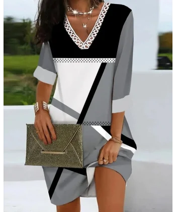 Kadın Fakir Kollu V Dantel Yaka Geometrik Desenli Dalgıç Elbise