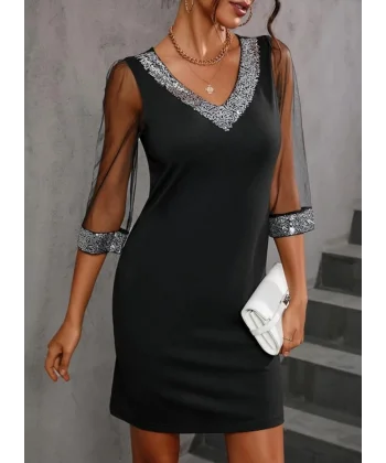 Kadın Fakir Kollu V Yaka Kollar Tüllü Yaka Ve Bilekler Payet Detay Krep Elbise