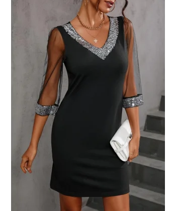 Kadın Fakir Kollu V Yaka Kollar Tüllü Yaka Ve Bilekler Payet Detay Krep Elbise