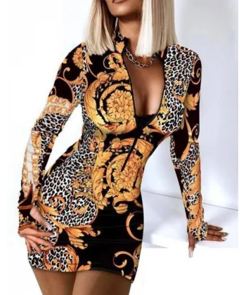 Kadın Fermuar Detay Dalgıç Kumaş Desenli Elbise