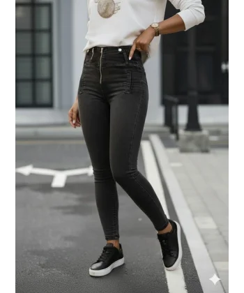 Kadın Fermuar Detay Yüksek Kemerli Kot Pantolon